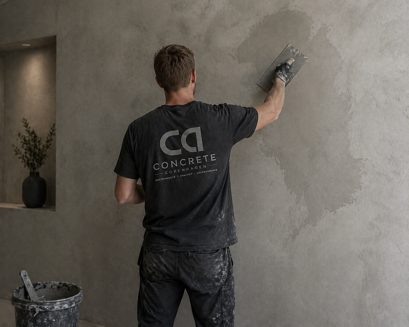Håndværker påfører Micro cement på væg med stålbræt